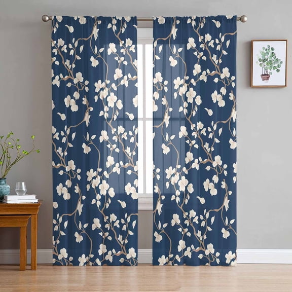 ERUNPONLY Botanical Flower Sheer Curtains 63 Inch Length 2 Panels Set, Vintage Garden Floral Wildflower Blue Voile Window Treatment Curtains Sheers Drapes for Bedroom/Living Room/Kitchen 52x"63"x2