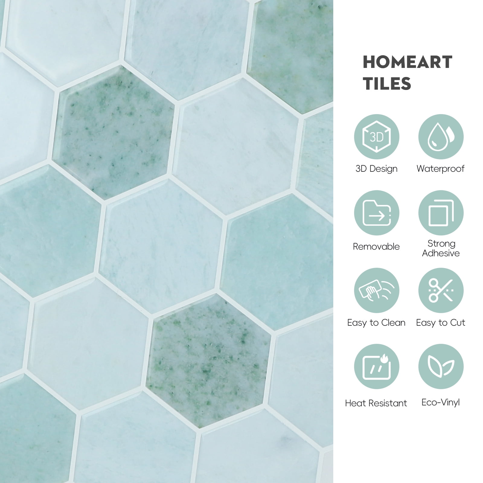 Hexagon Peel and Stick Backsplash, 12"x 12" Self-Adhesive Marble Green Stick on Wall Tiles for Kitchen Bathroom (10 Sheets)