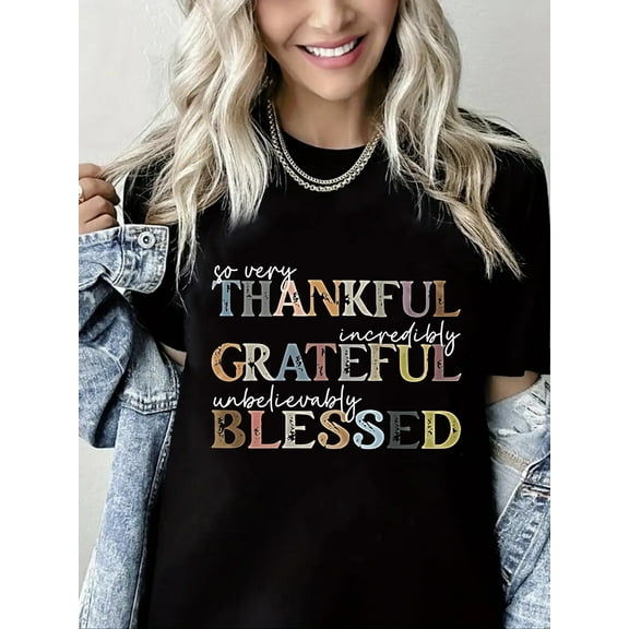 Women Thanksgiving T-Shirt Thankful Grateful Blessed Graphic Shirt Casual Pure Cotton Short Sleeve Top