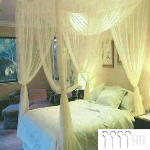 YIEMEEN 4 Corner Bed Canopy Mosquito Net 4 Door Square Canopy Bed Curtains Polyester Material 3 Colors to Choose for Hanging Bed