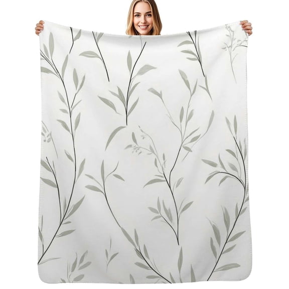 Elegant gray leaves white background Flannel Blanket Warm Soft Bedding Throws Winter Camping Chair Sofa Bed