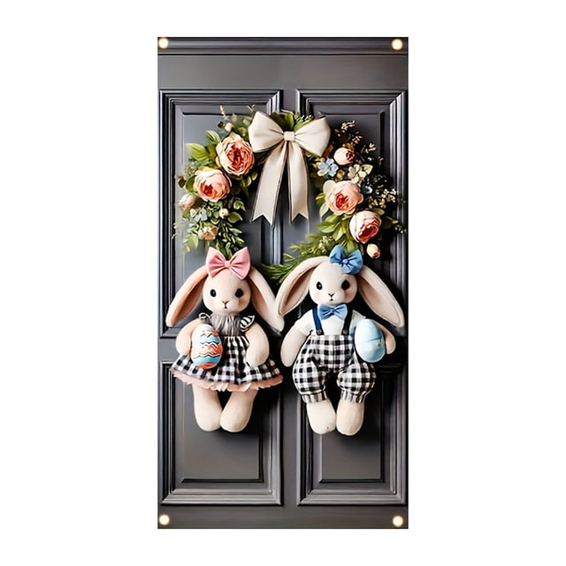 YWIYIUD 1PC Happy Easter Door Cover Easter Decorations, 71x35 Inch Easter Rabbit Eggs Door Banner Welcome Easter Banner Spring Theme Rabbit Door for Front Door Wall Indoor Outdoor Home Decor