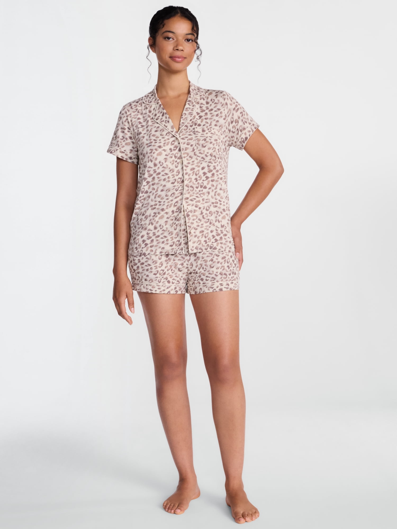 Joyspun Women’s Dreamy Soft Collection Notch Collar Knit Top and Boxer Shorts, 2-Piece Pajama Set, Sizes XS-3X