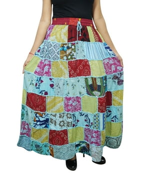 Mogul Bohemian Boho Chic Colorful Gypsy Patch Maxi Skirt Printed Rayon A-Line Flare Long Skirts