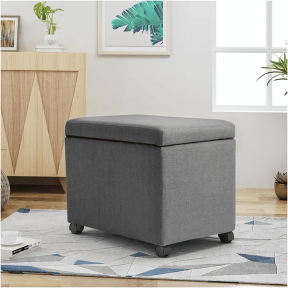 JERFIT Grey Fabric Storage Ottoman Bench with Wheels, Upholstered Footstool Pouf for Living Room, Hidden Storage Chest Organizer for Bedroom Office