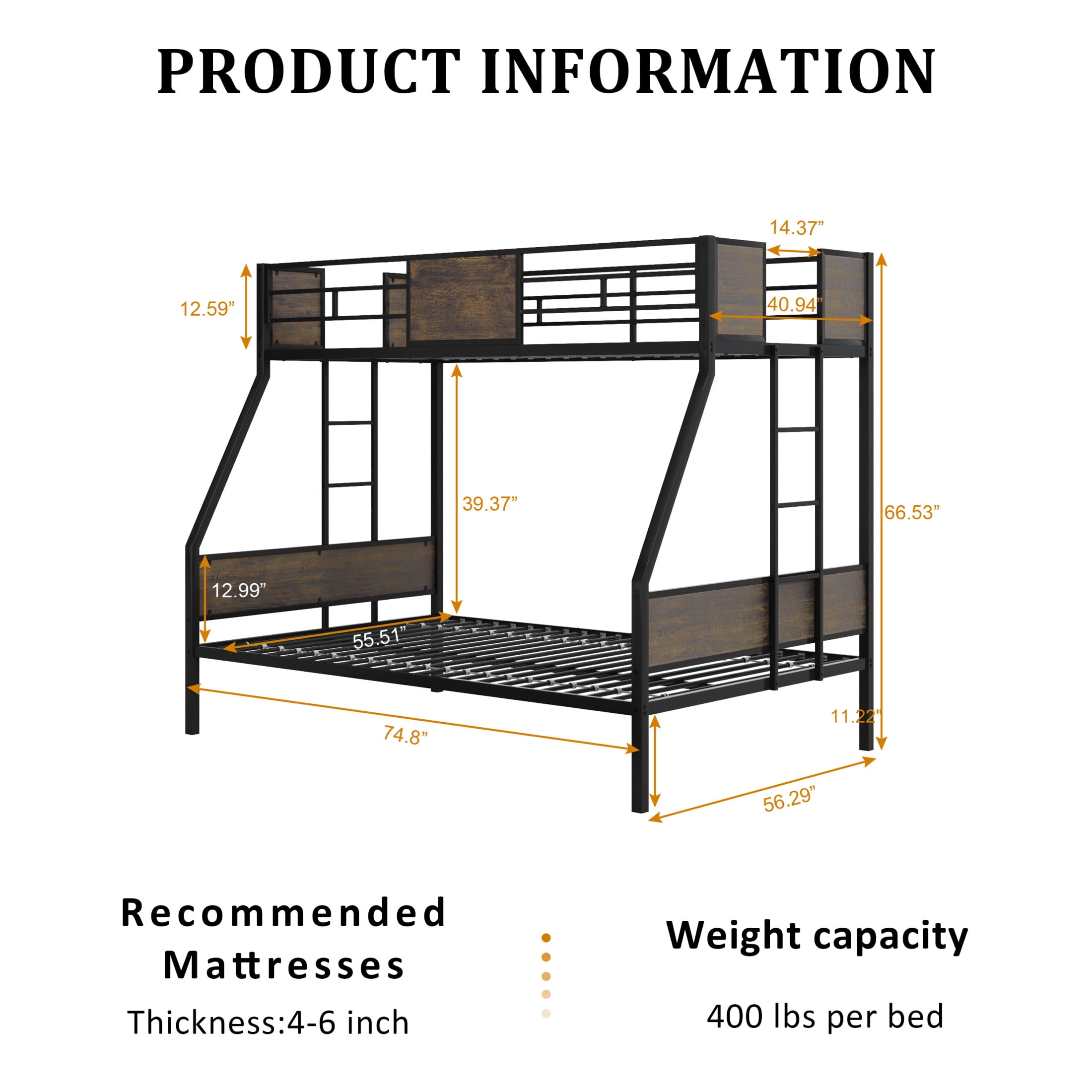 Noble House Twin Over Full Metal Bunk Bed Frame, Safety Guardrails & Built-In Ladders, Protective Board Supports, Black