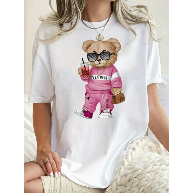 Women's Trendy Bear Print T-Shirt - Casual Crew Neck, Short Sleeve, Stretchy Polyester Blend, Machine Washable - Perfect for Summer & Casual Attire