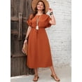 thumbnail image 3 of Rust Brown Plus Size Summer Dress With Short Sleeves, Waist Tie, And Side Slit, 3 of 6