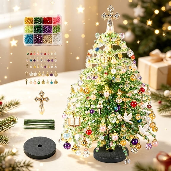 DIY Beaded Christmas Tree Kit, 3D Crystal Bead Craft with LED Lights, Mini Tabletop Holiday Decoration, Complete Beads Charms and Tree Topper, Hand‑Assembly Project for Adults and Gift Giving