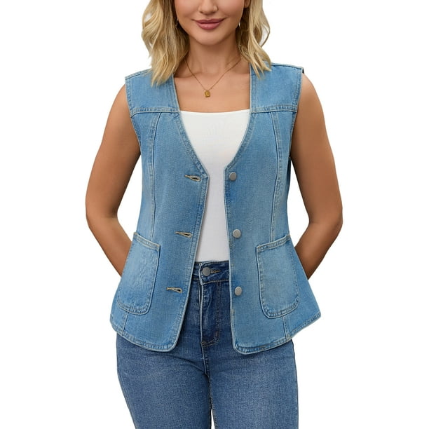Chaleco de mezclilla sin mangas para mujer INSPIRE CHIC, con cuello en V, parches, botones y bolsillos, talla 2XL, color azul