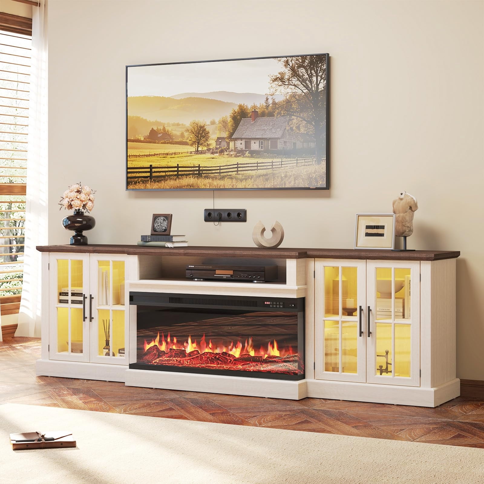 Sunmthink Farmhouse TV Stand with 36" Fireplace for TVs up to 90", 87" Media Entertainment Center with Adjustable Shelves and Large Storage Cabinets, for Living Room, White