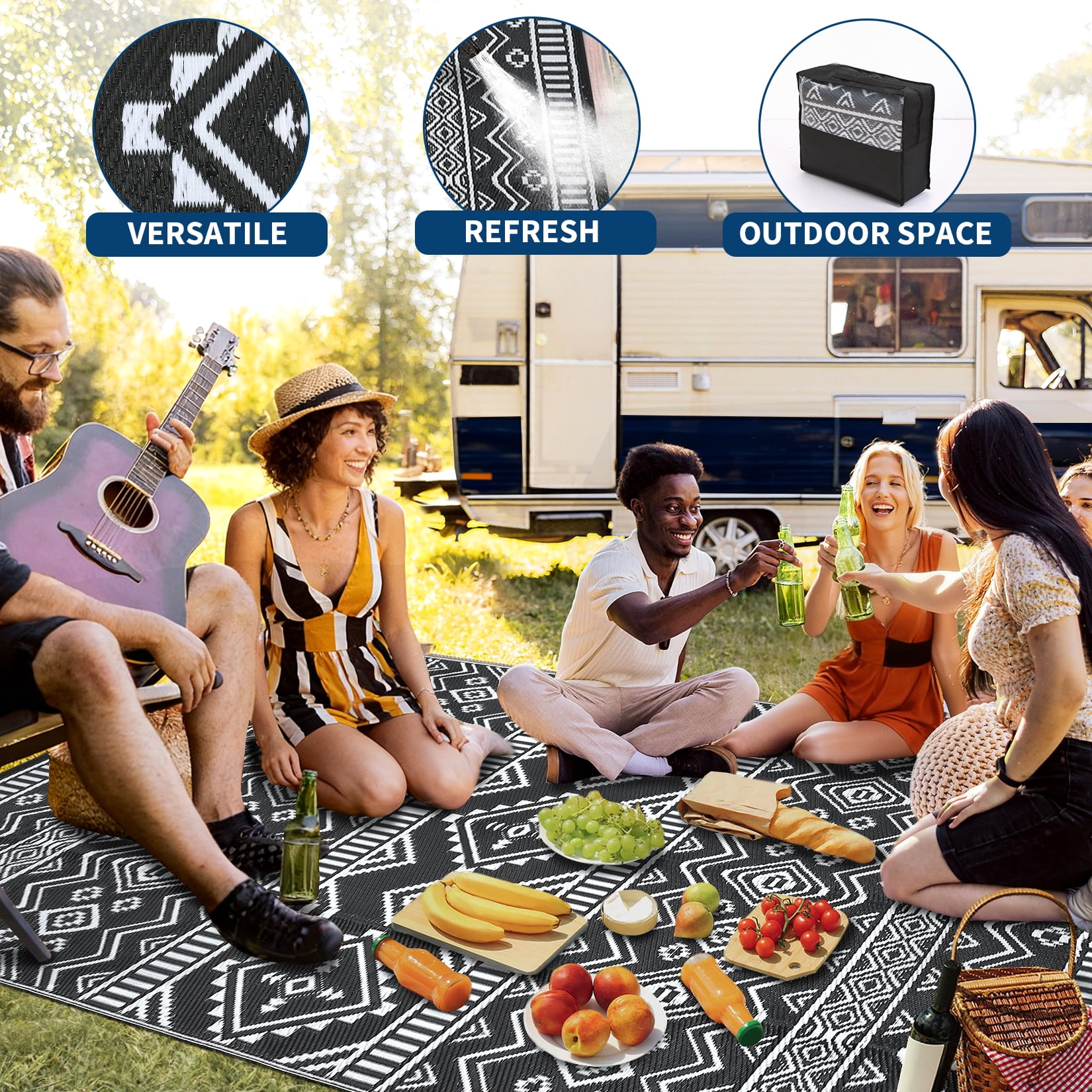 Garvee Outdoor Area Rug 9'x12' Waterproof Outdoor Carpet, Boho Plastic Straw Rug RV Mat for Picnic, Deck, Balcony, Beach, Patio, Black and White
