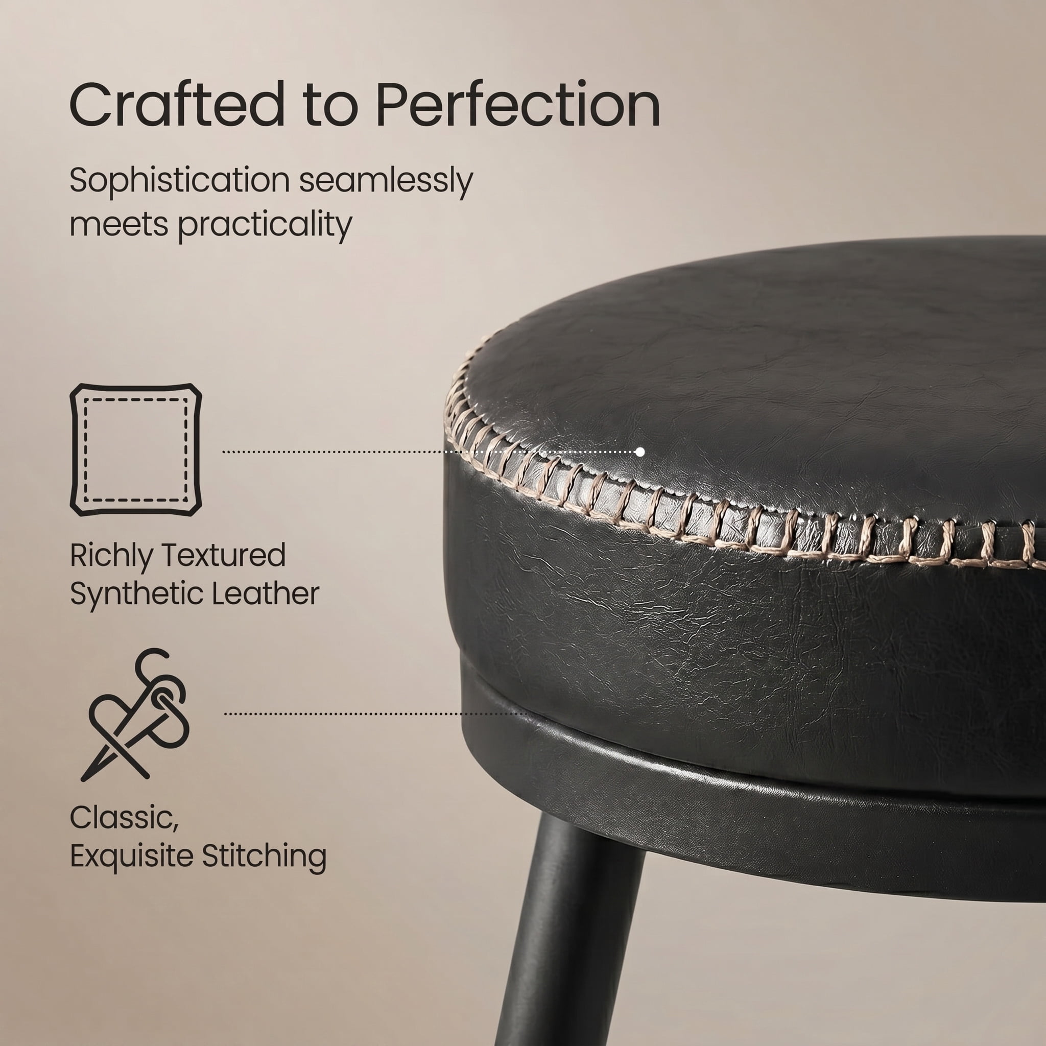 25.6 in. Ink Black Swivel Counter Height Bar Stools with Back and Synthetic Leather (Set of 2)