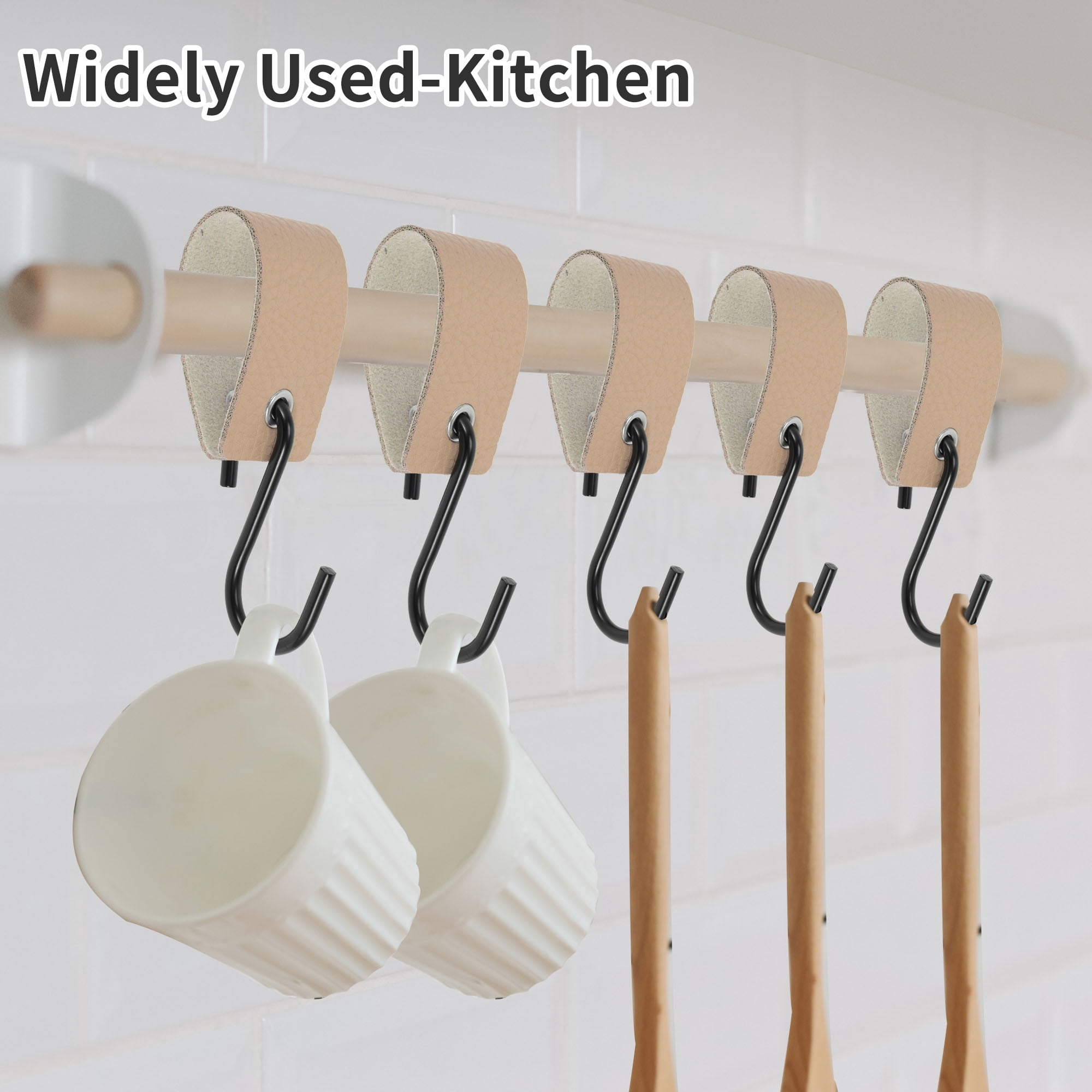 Unique Bargains Pack of 5 S Hooks with Leather Loop for Wardrobe Apricot