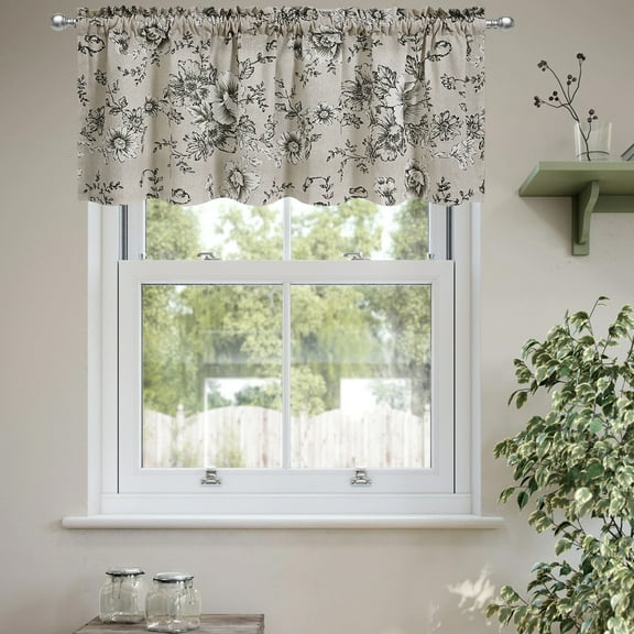 Printed Curtain Valance Rod Pocket Kitchen Curtain Short Sheer Translucent Window Treatment Spring Floral Decoration for Cafe Living Room Bathroom Decorative Tiers 55.12x18.11 Inches