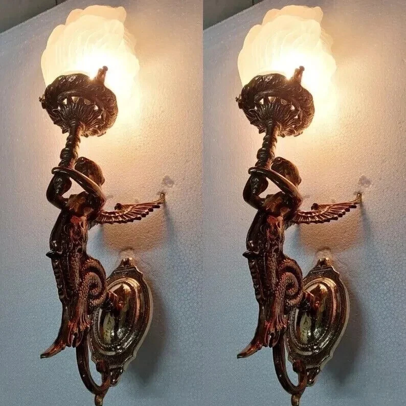 Pair of Vintage Art Nouveau Mermaid Wall Sconces – Antique Brass & Glass Light Fixtures