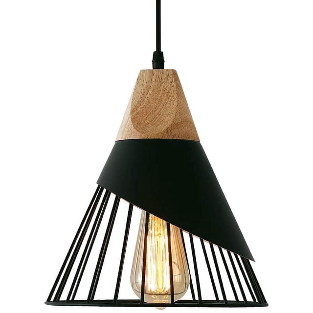 Lámpara colgante vintage, lámpara de techo industrial con diseño de metal y madera en accesorios de iluminación Lámpara colgante Pantalla 27 Aplique de iluminación para comedor Cocina,Black JFHHH pequeña