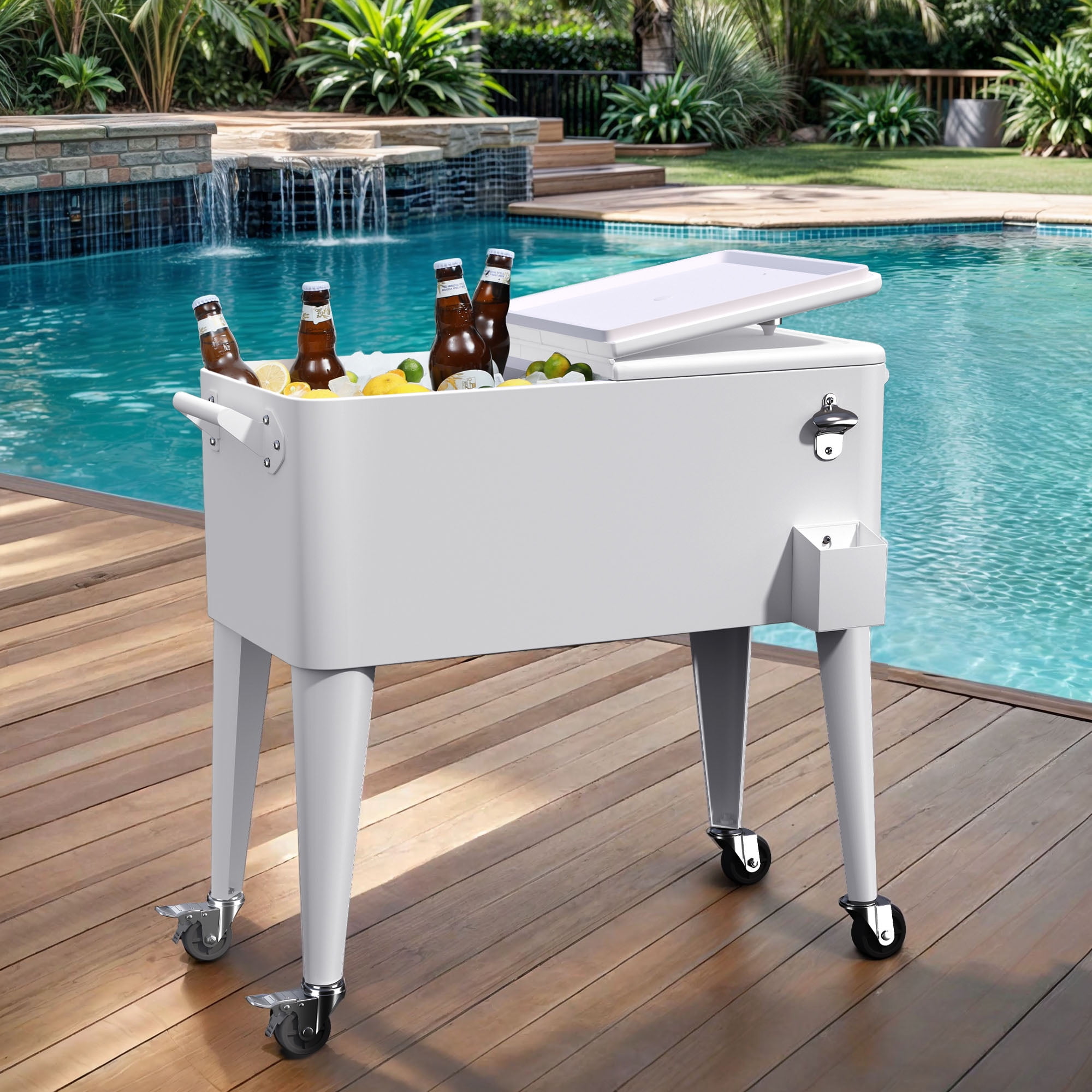 Uforic 80 Quart Rolling Ice Chest Cooler Cart,Outdoor Portable Beverage Cart with Bottle Opener & Drain, White