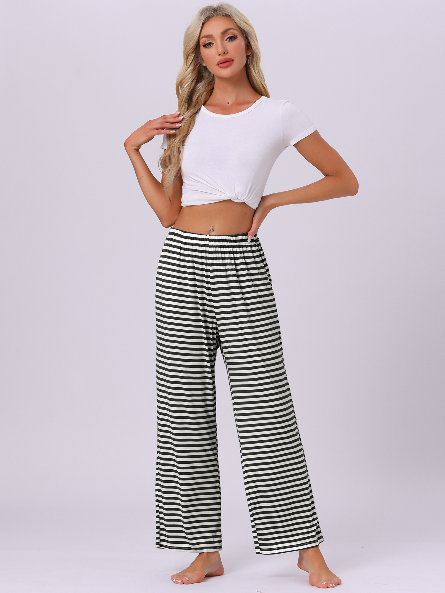 DARING DIVA Women's Flowy Cotton Wide Leg Lounge Pants L Deep Black Stripe