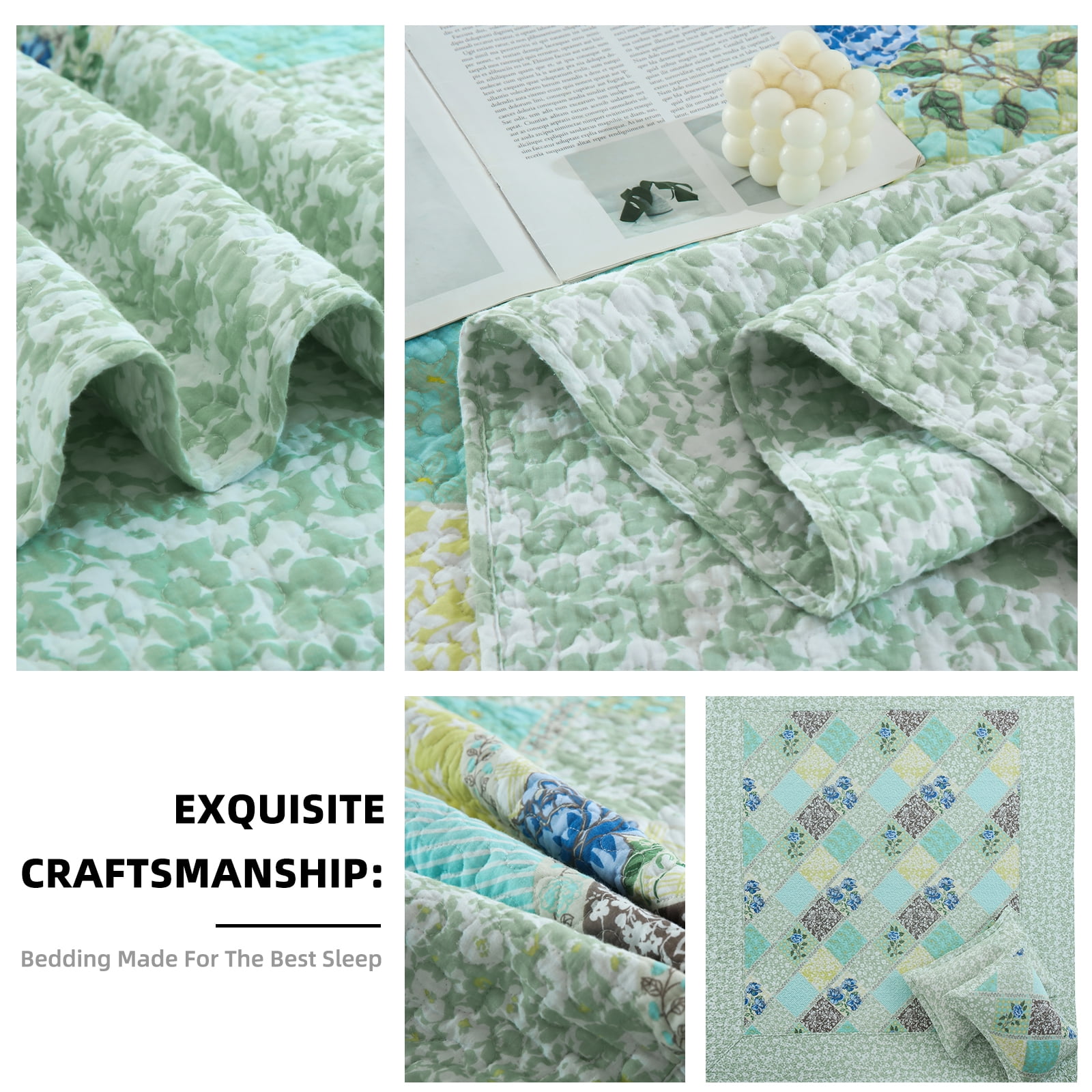 PANGUSHAN 100% Cotton 120"x120" Oversized California King Bedspread Coverlet Quilt Set, Cal King Quilted Bedspread Extra Large Wide Quilt, Floral XL Bed Spread Lightweight Comforter, 3pc, Green/Blue