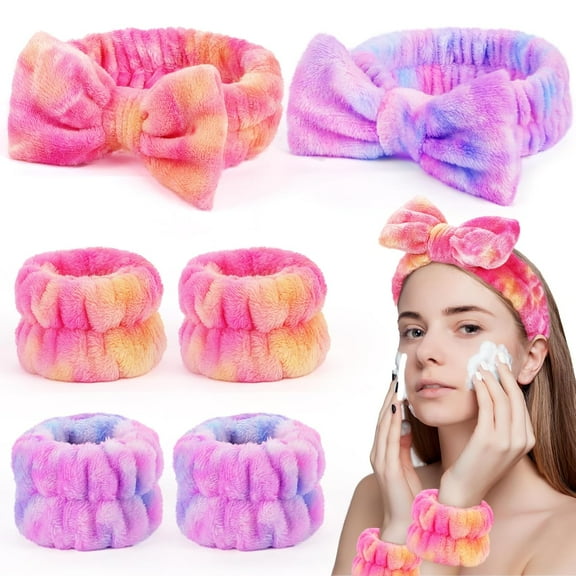 Spa Headbands for Women with Wristband Set: Facial Makeup Headbands for Girls & Teens - Soft Coral Fleece Elastic Hair Wraps with Wrist Accessories for Washing Face Shower Bath Beauty Skincare Gifts