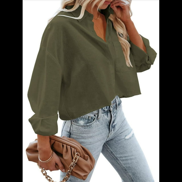 Camisas de Mujer con Botones, Tops Casuales de Larga, Blusa con Solapa y Bolsillo en el Pecho Verde XXL