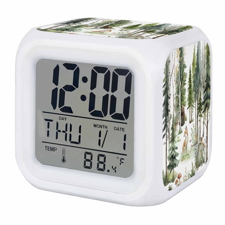 Alarm Clocks Forest Animal Digital Clock 7 Color LED Night Light Silent Non-Ticking Battery Operated Woodland Bear Fox Deer Bird Cube Clocks Decorative for Bedroom Bedside Living Room Office School