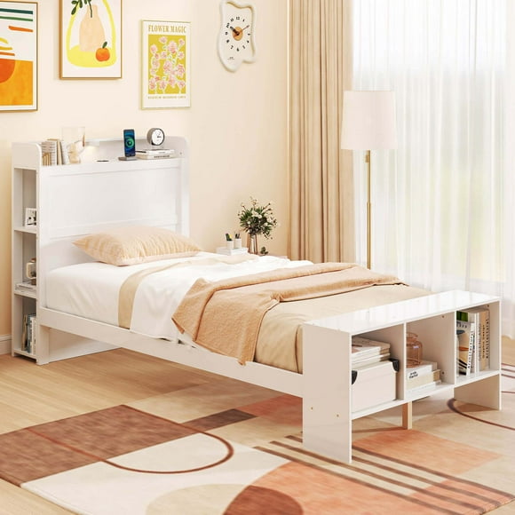 Costway Twin Size Bed Frame with Storage Headboard & Footboard LED Bed Frame with 2 USB Ports