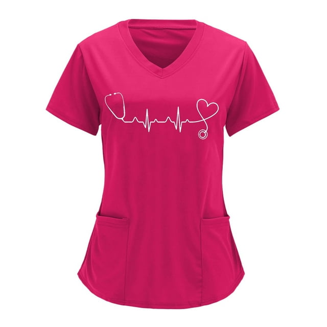 JWZUY Women Heart Nursing Print Scrubs Tops Nurse Uniforms Working ...