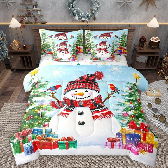Homewish Cute Cartoon Snowman 7-Piece Twin Bedding Sets,Colorful Christmas Gifts Bedding Comforter Set,Merry Xmas Sheet Sets For Girls Kids,Breathable Home Decor Reversible