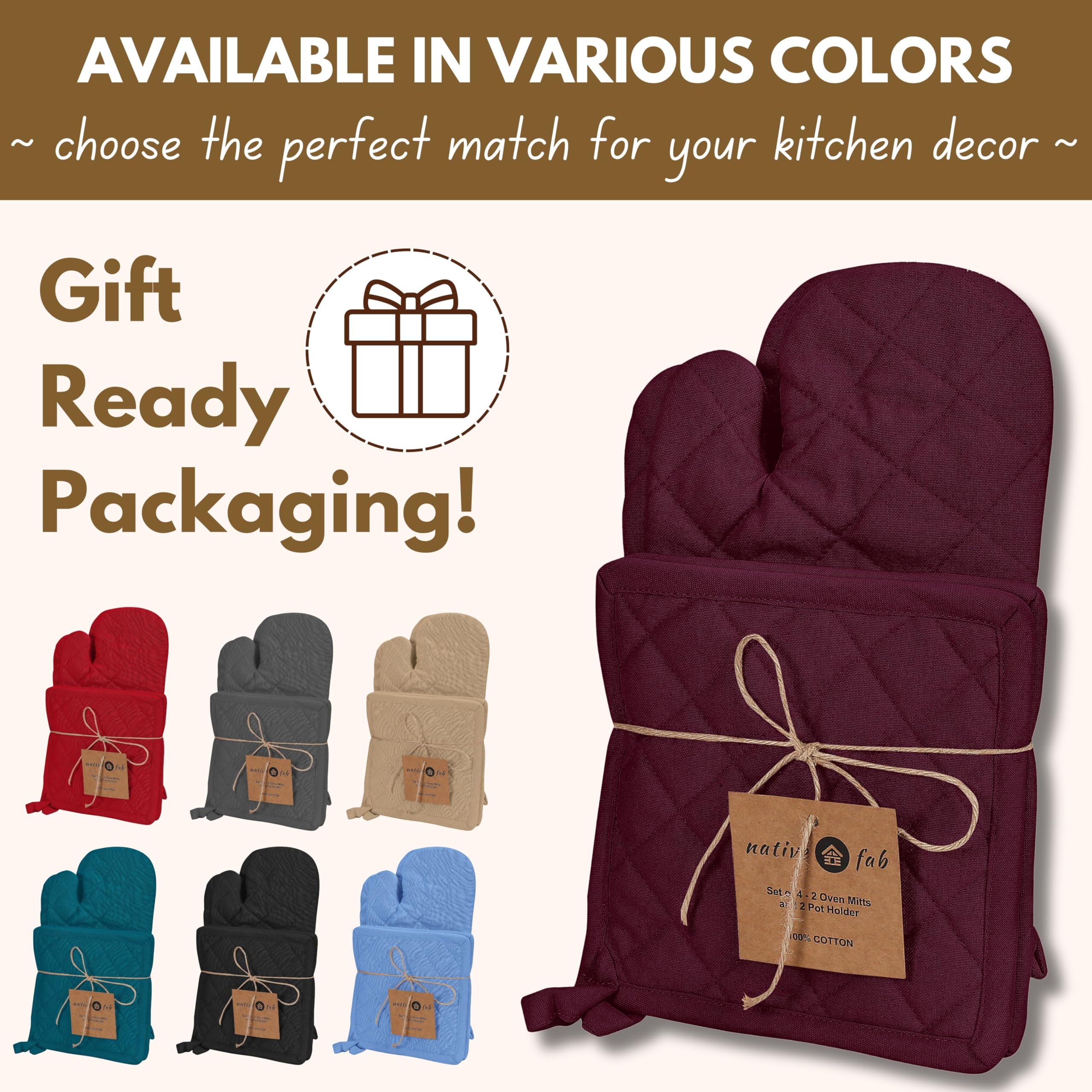Native Fab Oven Mitts & Potholders Set, Heat Resistant, 100% Cotton, Quilted Design, Non-Slip Grip, Ideal for Baking, Cooking, BBQ, Kitchen Protection - Burgundy Wine
