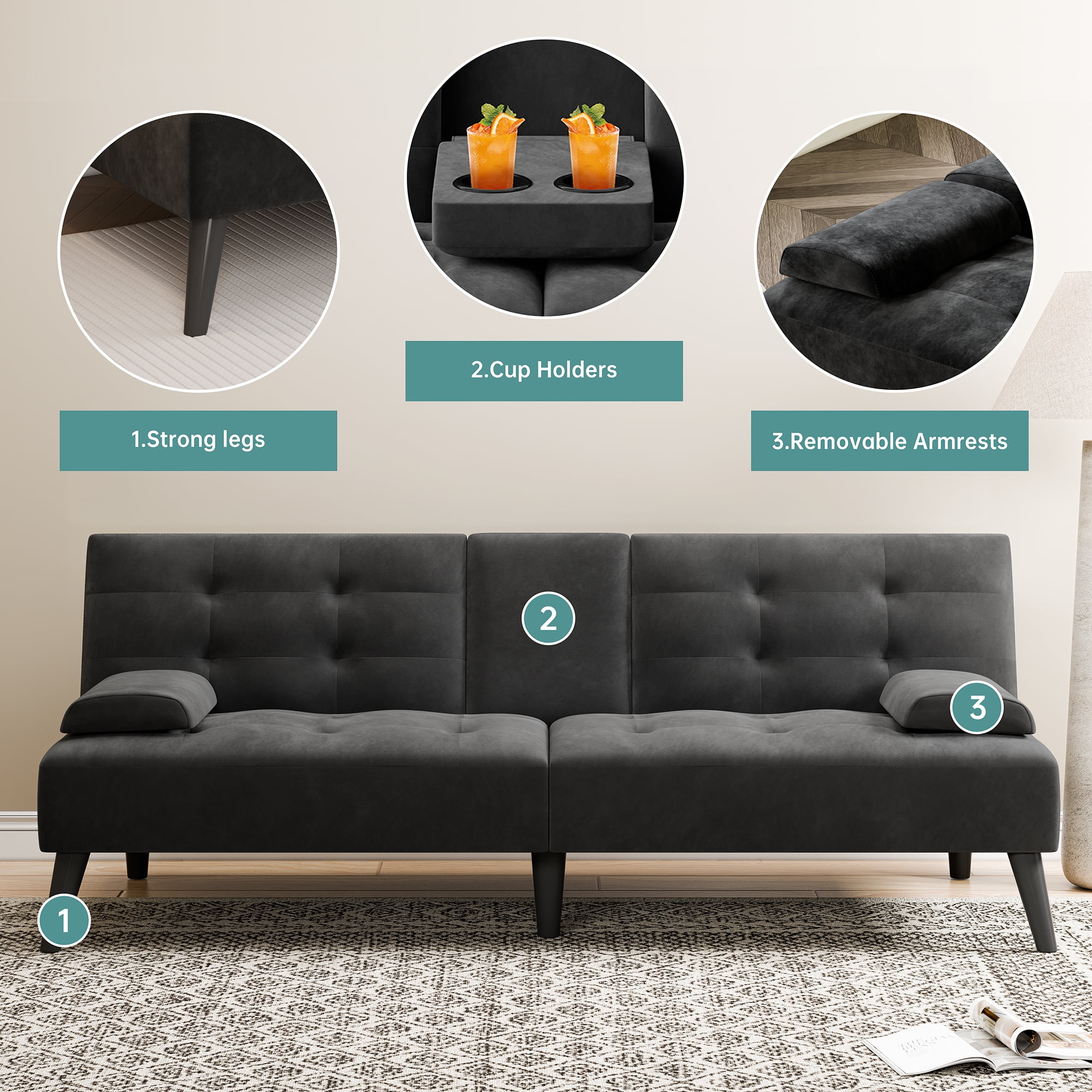 Walsunny 64" Sofa Bed Futon Couches, Folding Loveseat Recliner with 3-Angle Adjustment, Removable Arms 2 Cup Holders for Small Spaces,Black