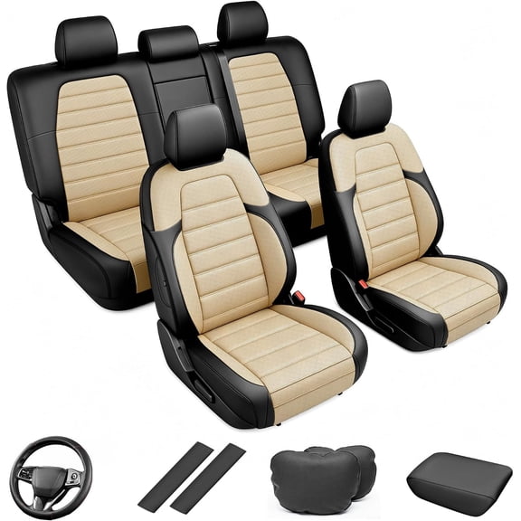 Custom Fit Faux Leather Seat Covers for Honda CR-V 2017-2022, Black & Beige Front Rear Full Coverage 5-Piece Set, Includes Neck Pillows, Armrest Cover, Seat Belt & Steering Wheel Cover