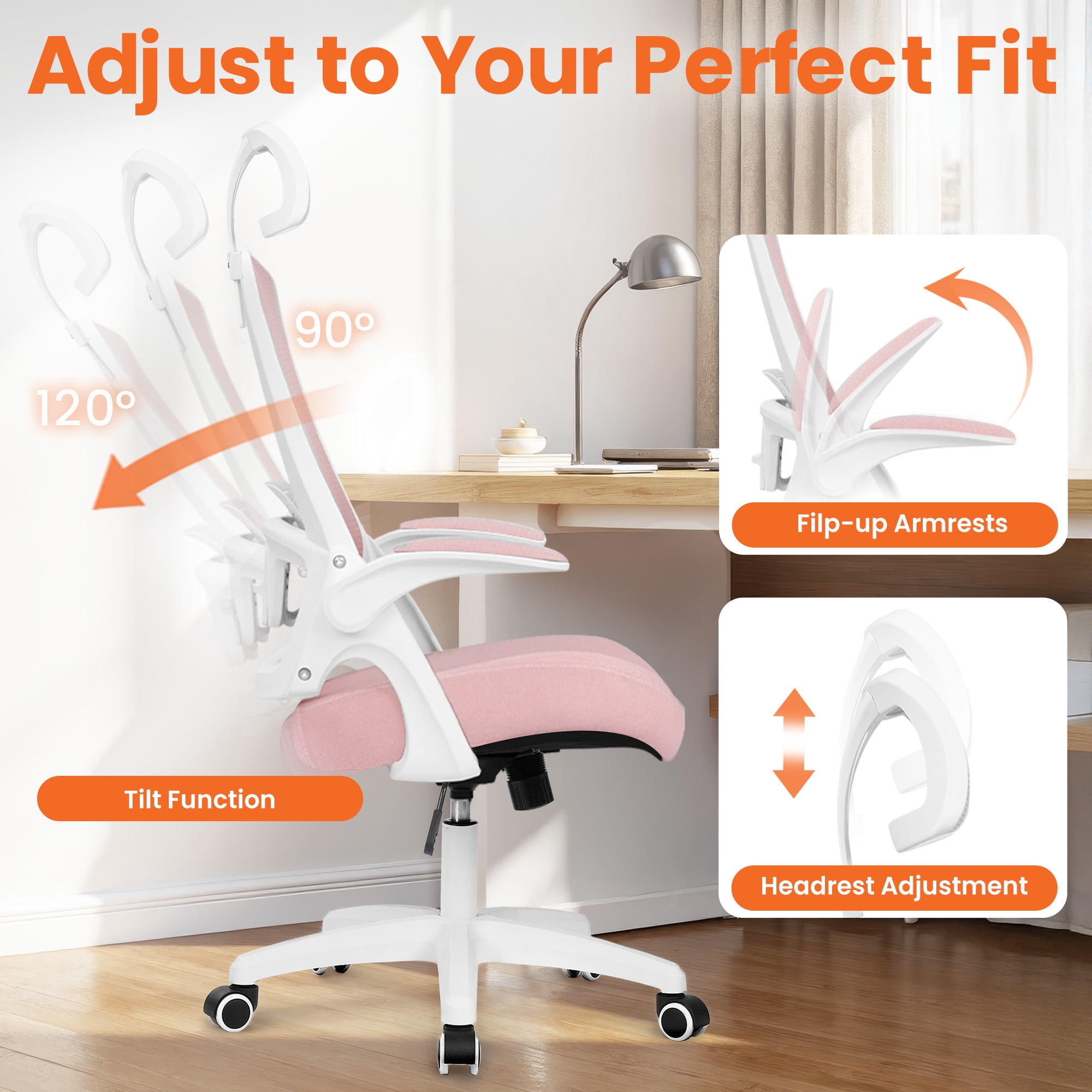 NEO Chair Office Desk Chair Gaming Computer High Back Support Mesh Comfy Seat with Adjustable Ergonomic Headrest Lumbar Rolling Flip-up Armrests and Wheels (Headrest Pink)