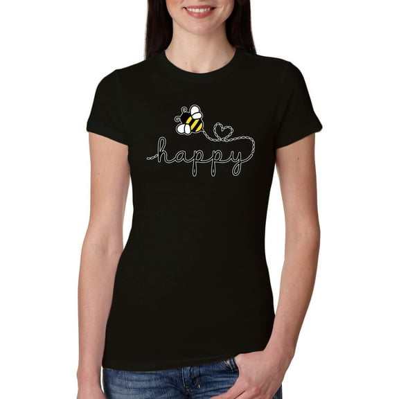 Wild Bobby, Bee Happy Motivational Inspirational Teachers, Pop Culture, Women Slim Fit Junior Tee, Black, Small
