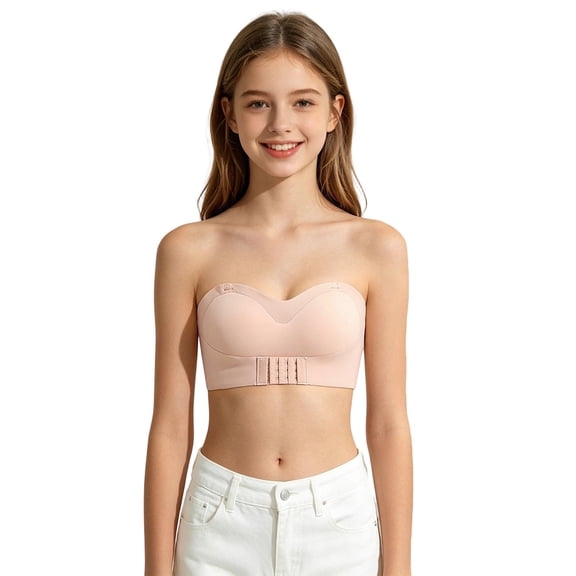 Teen Girls Strapless Push Up Bra Removable Shoulder Straps Wireless Soft Unlined Gathering Bralette Cute Daily Summer Underwear For 13-18 Year Olds