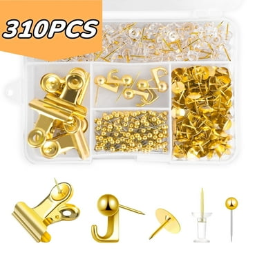 Push Pins Set, 310 PCS Gold Decorative Push Pins for Cork Board with Push Pin Hook Pushpin Clip Office Accessories