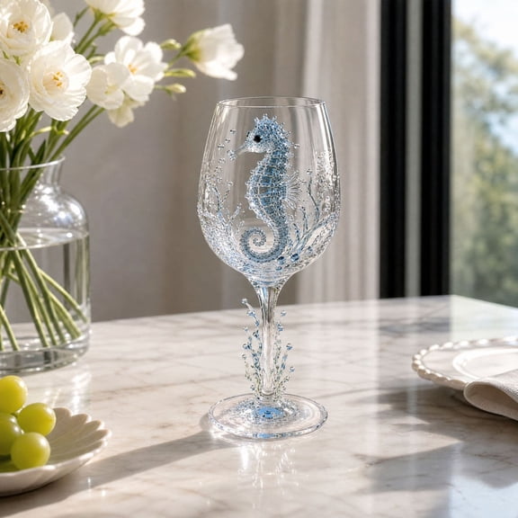 BUDAO00 Ocean Wine Glass, Seahorse Decorative Stemmed Goblet with 3D Sea Life Design and Coastal Style, Novelty Drinkware for Wine, Table Settings, Beach House Decor and Ocean Lovers