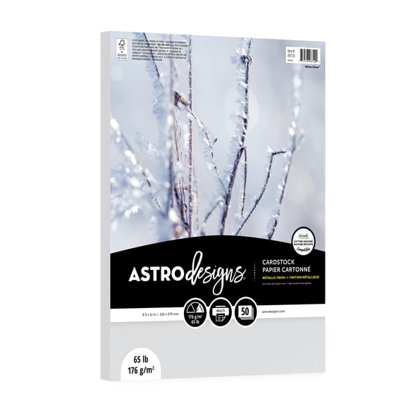 Astrodesigns Cardstock, White Silver Metallic , 8.5" x 11", 65 lb./176 gsm, 50 Sheets (98720-02)