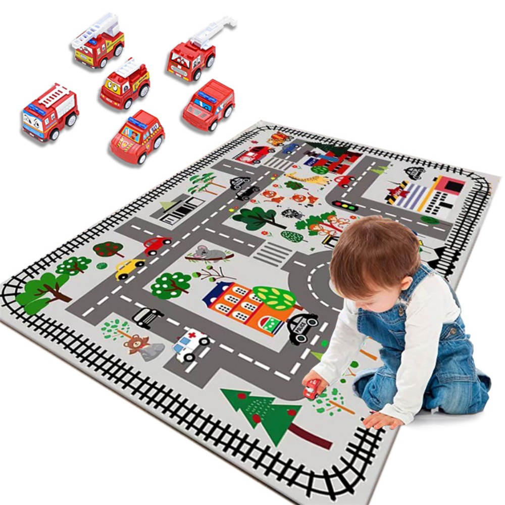 Carpet Playmat with 6 Cars PullBack Vehicle Set, Road Map Rugs Thicken