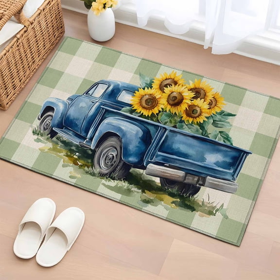 2x3 Ft Entryway Area Rug, Blue Truck Yellow Sunflower Kitchen Rug Runner Washable Floor Mat, Sage Green Plaid Vintage Summer Non Slip Indoor Door Mat Throw Carpet for Bathroom Living Room Bedroom
