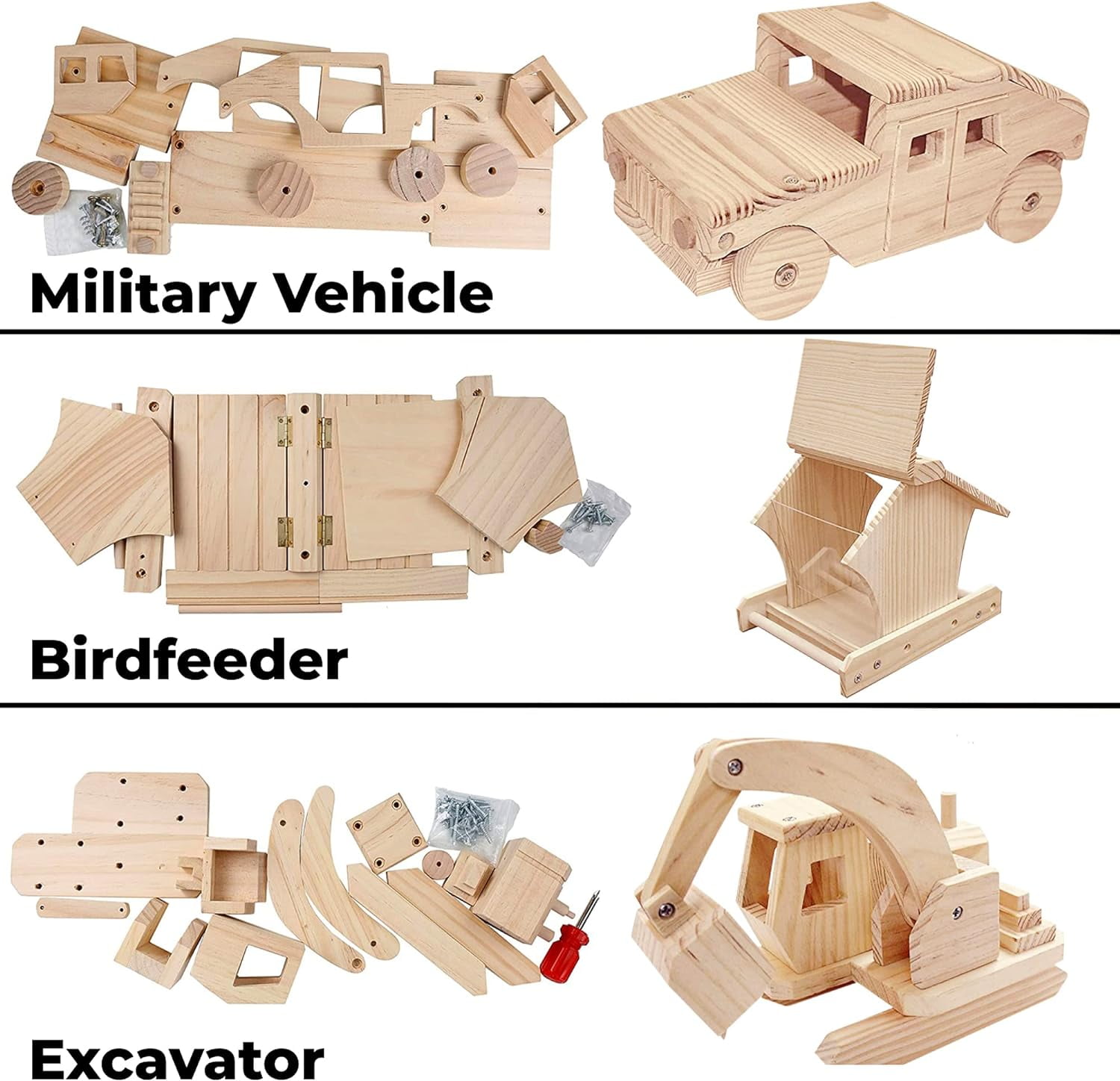 Kraftic Woodworking Building Kit for Kids and Adults, 3 DIY Carpentry Construction Wood Model Kit