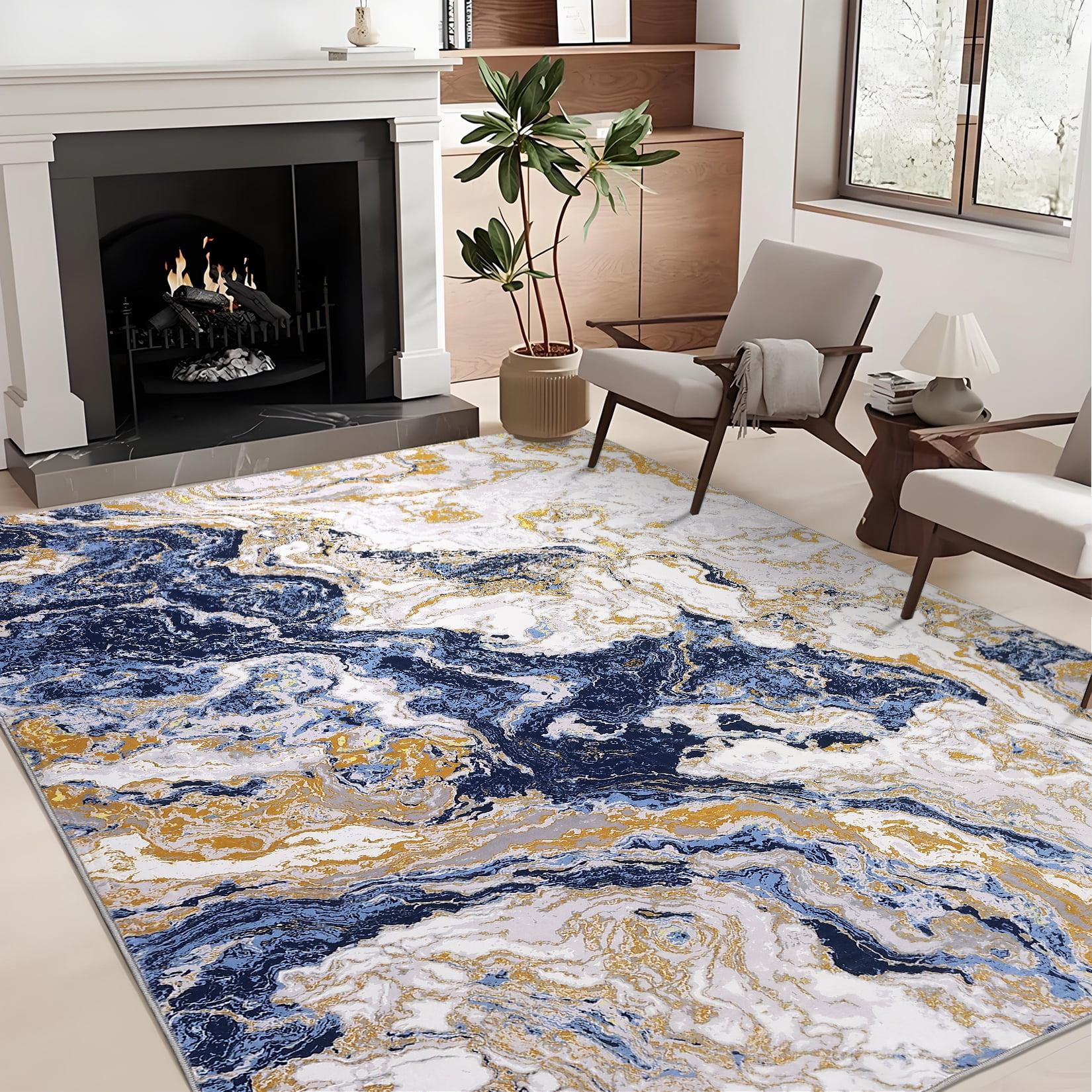 Modern Abstract Marble Print Area Rug 4' x 6'– Soft, Washable, Non-Slip & Non-Shedding(Navy Blue)