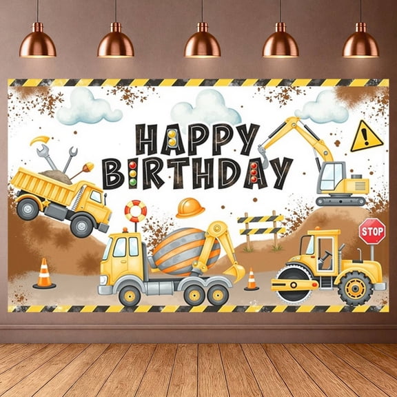 Construction Vehicle Banner Yellow Theme Construction Party Banner Traffic Cone Construction Helmet Truck Theme Display for Kids Birthday Party Construction Themed Party Boys Birthday Celebration