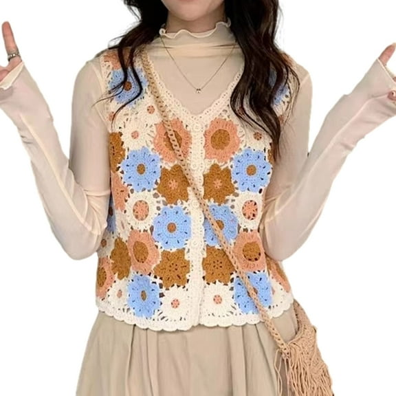 Aellinatey Women Sleeveless Crop Top Sweater Vest Crochet Knit Floral Button Up Cardigan