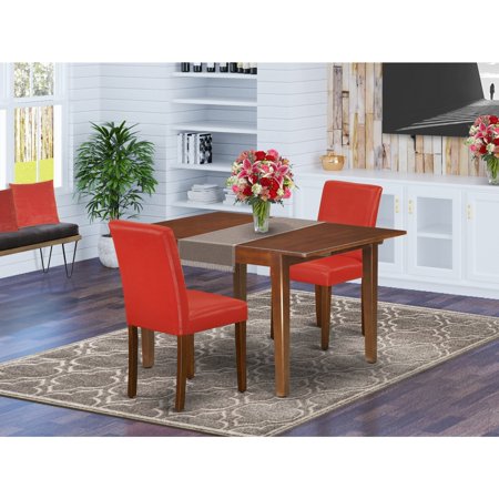 HomeStock Victorian Elegance 3Pc Rectangle 42/53.5 Dinette Table With 12 In Butterfly Leaf And A Pair Of Parson Chair With Mahogany Leg And Pu Leather Color Firebrick Red