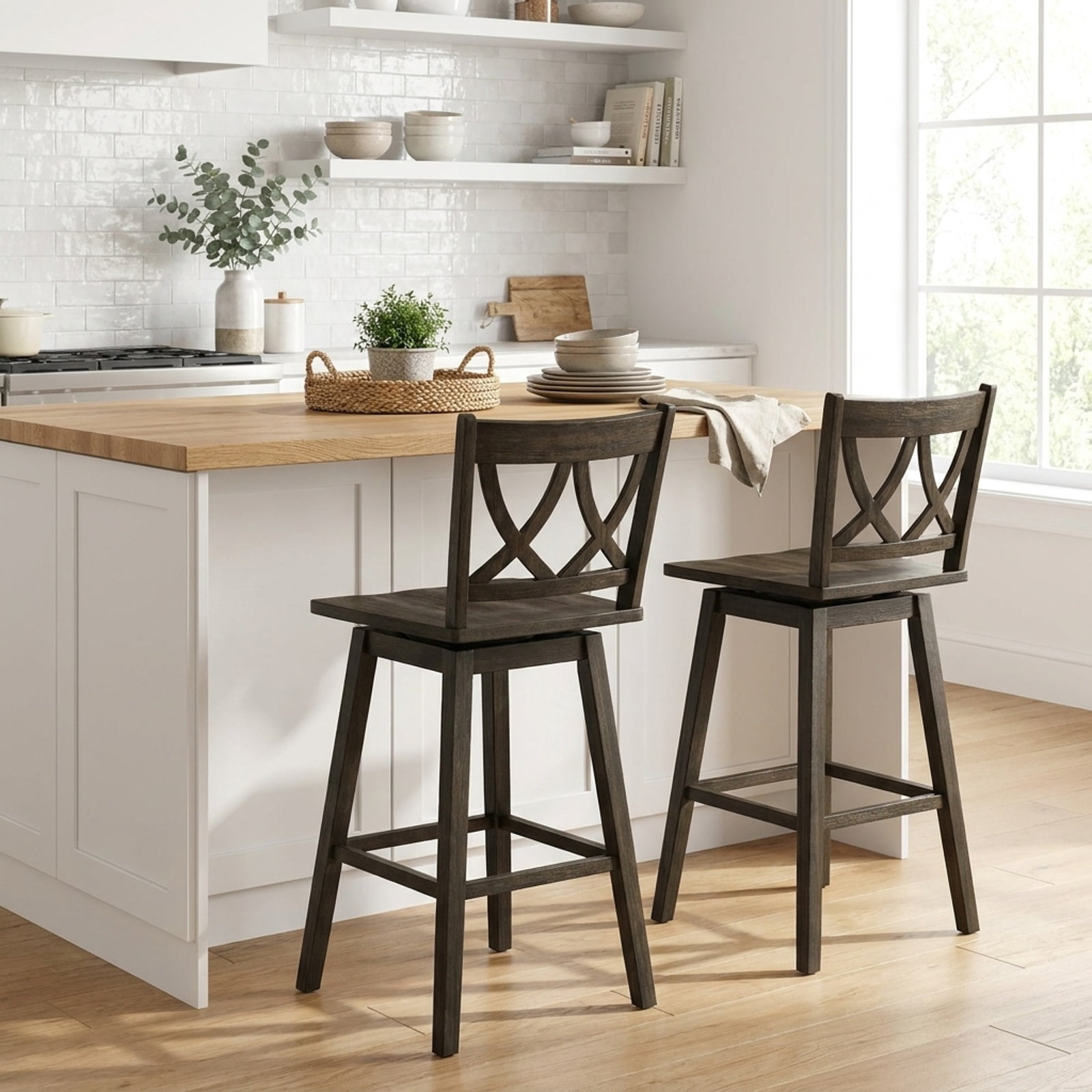 Furnibear 24/29 Inch Bar Stool Set of 2 Wooden Bar Chairs with Rubber Wood Frame-29 inches for Kitchen Island Counter Bar Pub Dining Home, Gray
