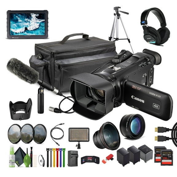 Canon LEGRIA HF G70 PAL UHD 4K Camcorder Bundle With 2x 128GB Memory Card   Condenser Microphone   Professional Stereo Headphones   Tripod   Carrying Case   LED light   A7S 7 inch Full HD Monitor
