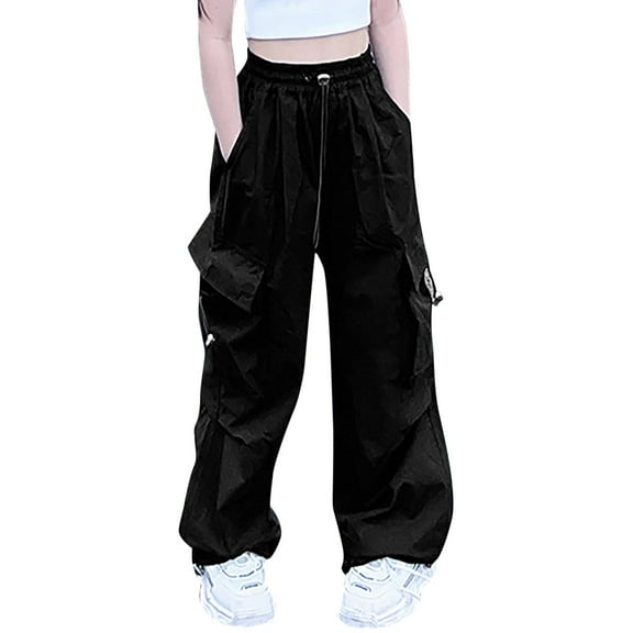 Baby Pants Cargo For Casual High Waisted Drawstring Loose Fit Pockets Sweatpants Little Girls Trousers Clothes Black 120 3Years-4Years