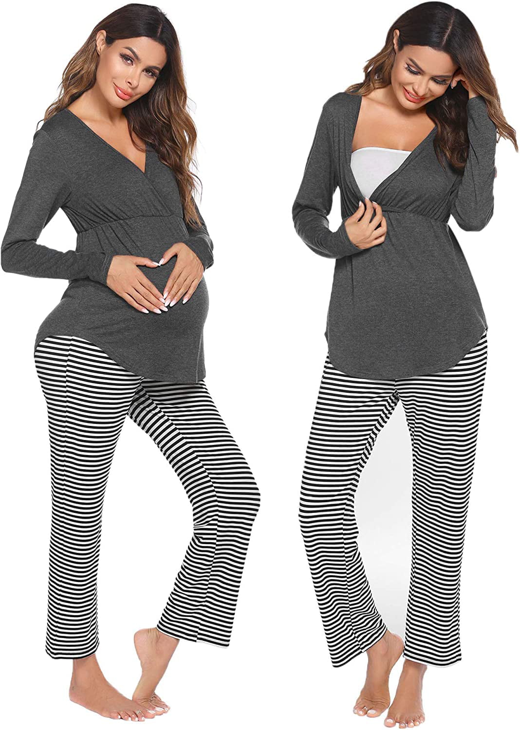 Ekouaer Maternity Nursing Pajama Set Long Sleeve V Neck Top & Striped Pants Breastfeeding Sleepwear Set S-XXL 